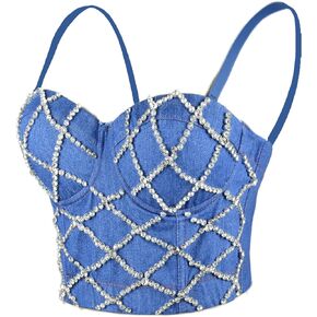 ELLACCI Women Criss Cross Rhinestone Denim Bustier Crop Top Corset Bra Blue