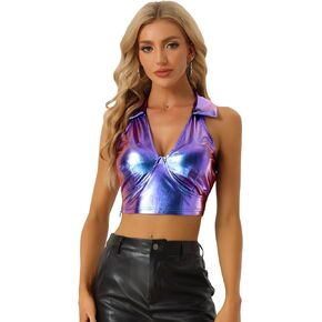 Allegra K Metallic Crop Top for Women's 2023 Halloween Shiny Club Party Halter Rave Sparkle Chrome Holographic Tops