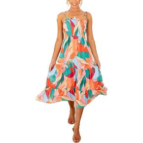 فستان نسائي صيفي بوهو منقوش عليه زهور من Fashionme فستان متوسط ​​الطول مرن مكشكش وربطة عنق على الكتف وحزام سباغيتي متدرج لقضاء العطلات على الشاطئ in Kuwait