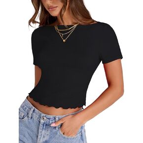 تيشيرتات نسائية أساسية بأكمام قصيرة من Rapbin تي شيرت صيفي منسوج مضلع تيشيرتات قصيرة برقبة قارب وحواف الخس in Kuwait