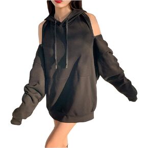 xxxiticat Women's Off Shoulder Hoodies Oversized Loose Long Sleeve Thin Drawstring Backless Cold Shoulder Hooded T-Shirt