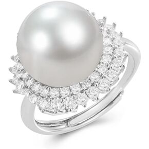 Big Seashell Beads Pearl Statement Ring Cubic Zirconia Exaggerated 14mm Shell Pearls Rings Adjustable Open Finger Bands Natural Handmade Jewelry Unique for Elegant Women Beautiful Girls Xmas Wedding