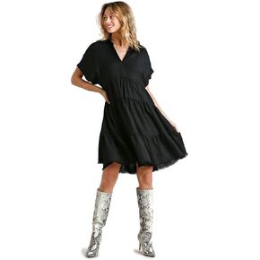Umgee Women's Collared Ruffle Frayed Hem Tiered Mini Dress