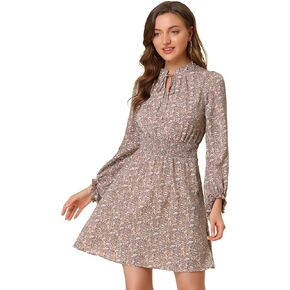 Allegra K Women's Smocked Waist Tie Neck Floral Long Sleeve Dress
