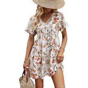 Verdusa Women's Roll Up Sleeve V Neck Floral Print A Line Short Smock Dress