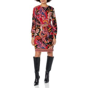 London Times Women's Statement Print Belted Long Sleeve Jersey Dress