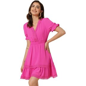 Allegra K Women's Boho Crochet Trim Puff Sleeve V Neck Smocked Waist Ruffled Tiered Dress