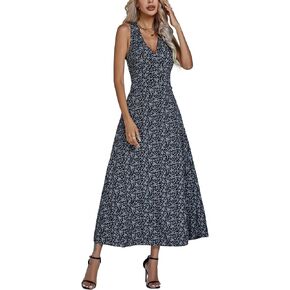 LYANER Women's Boho Floral V Neck Backless Back Sleeveless Flowy Long Beach Dress