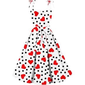 Wellwits Women’s Tie Cami Strap Sweet Hearts Print Cocktail 1950s Vintage Dress