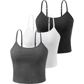 Air Curvey 3-Pack Womens Short Camisole Built in Bra Cotton Crop Tops Adjustable Spaghetti Strap Tank Tops