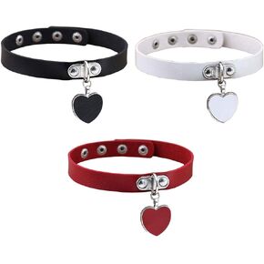 Jurxy 3PCS Heart Choker Necklace PU Leather Goth Choker Collar with Heart Pendant Punk Collar Adjustable Size – Black White Red