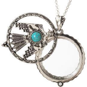 Artisan Owl Thunderbird Turquoise Stone 4x Magnifier Magnifying Glass Sliding Top Magnet Pendant Necklace, 30" (Silver Tone)