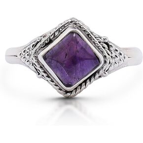 Koral Jewelry Square Amethyst 925 Sterling Silver Ring - Delicate BOHO Chic Jewelry - Fashionable and Stylish for Girls and Women with Velvet Gift Bag/Box - Made by Indian Artisans - Size 5-9