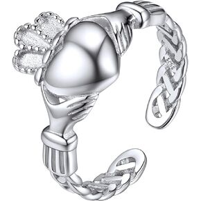 ChicSilver Irish Claddagh Ring 925 Sterling Silver High Polished Traditional Claddagh Celtic Knot Eternity Wedding Band Ring Adjustable