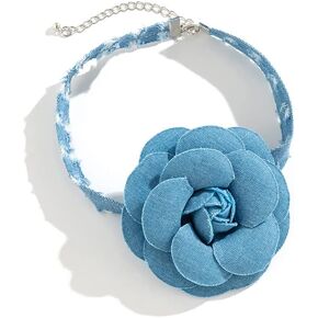 Boho Exaggerated Flower Choker Necklace 3D Denim Rose Puffy Blue Big Camellia Flowers Satin Collar Necklace Gothic Bohemian Summer Beach Accessories for Women Girls Cosplay Jewelry Gift Cocktail Party