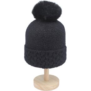 Mvrebly Women Knitted Beanie Hat with Faux Fur Pom, Winter Cuffed Beanie,Soft Warm Knit Hat Skull Cap
