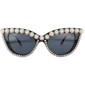 FUPRECIOUS Oversized Cat Eye Sunglasses for Women Handmade Rhinestone Pearl Plastic Frame