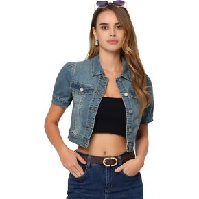 Allegra K Women's Casual Jackets Button-Down Puff Sleeve Crop Jean Denim Jacket