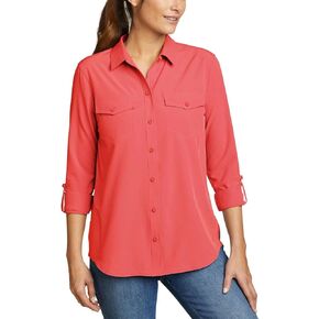 Eddie Bauer Womens Tops UPF 50+ UV Sun Protection Long-Sleeve Button Down Blouses Tops with Pockets - Red Medium