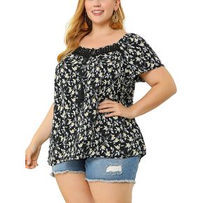 Agnes Orinda Plus Size Blouse for Women Short Sleeve Tie Neck Floral Print Casual Blouses Tops