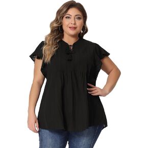 Agnes Orinda Women Plus Size Tops V Neck Drawstring Tassel Self Tie Flutter Short Sleeve Blouses Flowy 2024 Tops