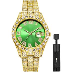 Apzzic Hip Hop Watch for Men Iced Out Bling Full Diamond Luxury Quartz Watch Analog Roman Calendar Watch for Men Women