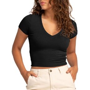 Tankaneo Womens Crop Tops Ribbed V Neck Short Sleeve Summer Basic Tees Slim Fit Y2k Shirts