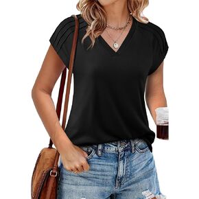 Triratna Womens Summer Tops Pleated Short Sleeve Blouses for Women Casual V Neck T Shirts Loose Fit Tunic Tshirts Tee