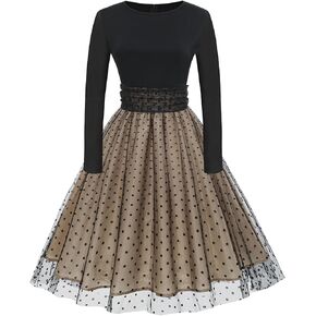 Womens 1950s Vintage Cocktail Party Dress Long Sleeve Polka Dots Mesh Retro Rockabilly Swing Dresses Fall Dress