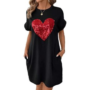 OYOANGLE Women's Sequin Heart Shaped Short Sleeve Tee Shirt Dress Summer Short Dress with Pocket