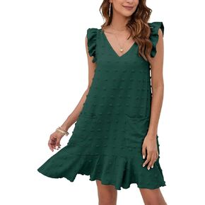 Women's Swiss Dot Short Dress with Pocket Boho Sleeveless V Neck Mini Summer Beach Dresses