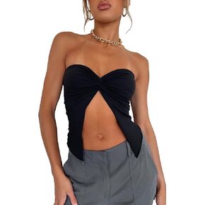 Women Sexy Strapless Tube Top Twist Knot Slit Front Y2k Bandeau Tank Top