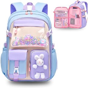 Kawaii Backpack with Cute Accessories Wide Open Bunny Cute Backpacks for girls school with Plush Pendenat (Small,Blue)
