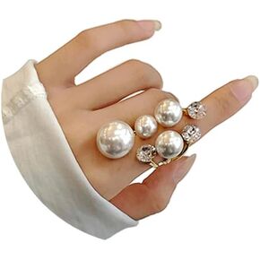 Vintage Pearl Ring for Women Cluster Rings Stacking Promise Pearl Rings Adjustable Open Pearl Finger Ring Trendy Personality Pearl Statement Jewelry for Women Girls