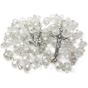 Catholic Rosary White Clear Crystal Beads Necklace with Holy Soil Medal and Metal Cross Communion Rosary Nazareth Store Velvet Gift Bag