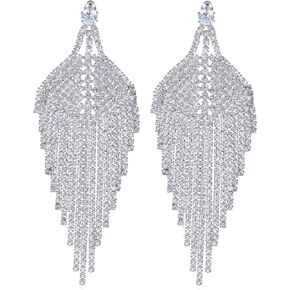 mecresh Silver Rhinestone Crystal Bridal Chandelier Long Tassels Dangle Earrings for Wedding