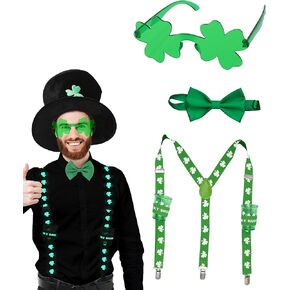 4E's Novelty St Patricks Day Glow in the Dark Suspenders, Shot Glass, Shamrock Glasses, Bowtie Accessories Set for Women, St Patricks Day Outfits for Men Leprechaun Costume