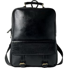 Genuine Leather Luxury Backpack Multi-functional Elegant Daypack Office Travel Leisure 15.6" Laptop Bag (Black)