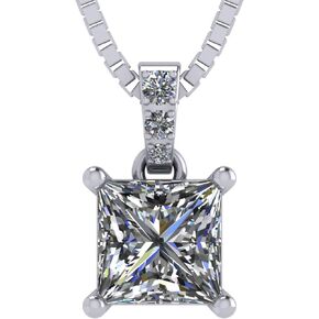 Central Diamond Center Princess Cut Solitaire Necklace, 4 Prong Sterling Silver w/Pure Brilliance Zirconia, 6.0mm, 7.0mm & 8.0mm