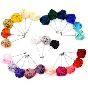 25Pcs Rose Boutonniere Lapel Pin for Men Multi-color Handmade Rose Corsage Satin Flowers Pins for Suit Groom Groomsman Wedding Brooch Outfit Accessories Rose Lapel Pin for Husband Boyfriend Father