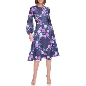 Jessica Howard Women's Satin Jacquard Sleeve Boat Neck Long Dress