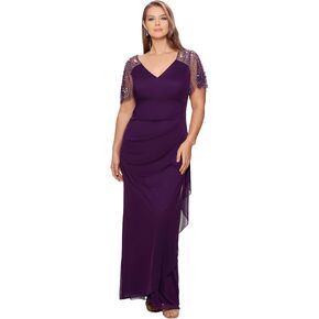 Xscape Women's Plus Size Long V-Neck Beaded Sleeve Jersey Dress