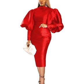 AOMEI Women's Stand Collar Long Lantern Sleeve High Waist Bodycon Maxi Dress