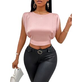 SOLY HUX Women's Silk Satin Crop Tops Cap Sleeve Tie Back Solid Blouse
