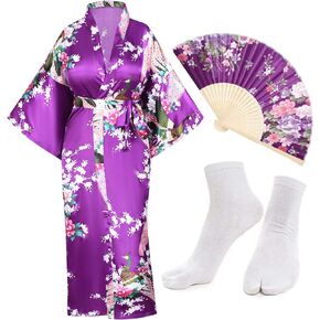 Kimono Satin Peacock Printed Lightweight Cardigan Jacket Coat Yukata Cloak Bathrobe Tops folding Fans Tabi Socks Set