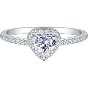 LOVPEPY 925 Sterling Silver Engagement Heart Ring for Her, Halo Cubic Zirconia Promise Ring to Dear Wedding Ring Bling Propose Marriage Ring Gift to Women
