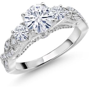 Gem Stone King 925 Sterling Silver White Moissanite Engagement Ring For Women (1.27 Cttw, Gemstone, Round 6MM and 3MM)
