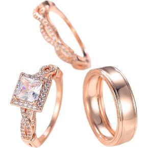 his and hers wedding ring sets Engagement rings for couples set,3 pc His and Her Wedding Ring Set, Hypoallergenic Rose Gold Ring Set, Cubic Zirconia Bride Promise Rings Set,size 6-10