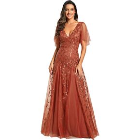 Ever-Pretty Women's Plus Size A Line Ruffle Sleeve Maxi Cocktail Formal Dress Burnt Orange US16