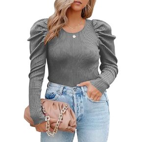 Sheslily Plus Size Sweaters for Women Puff Long Sleeve Ribbed Knit Pullovers 1X-5X